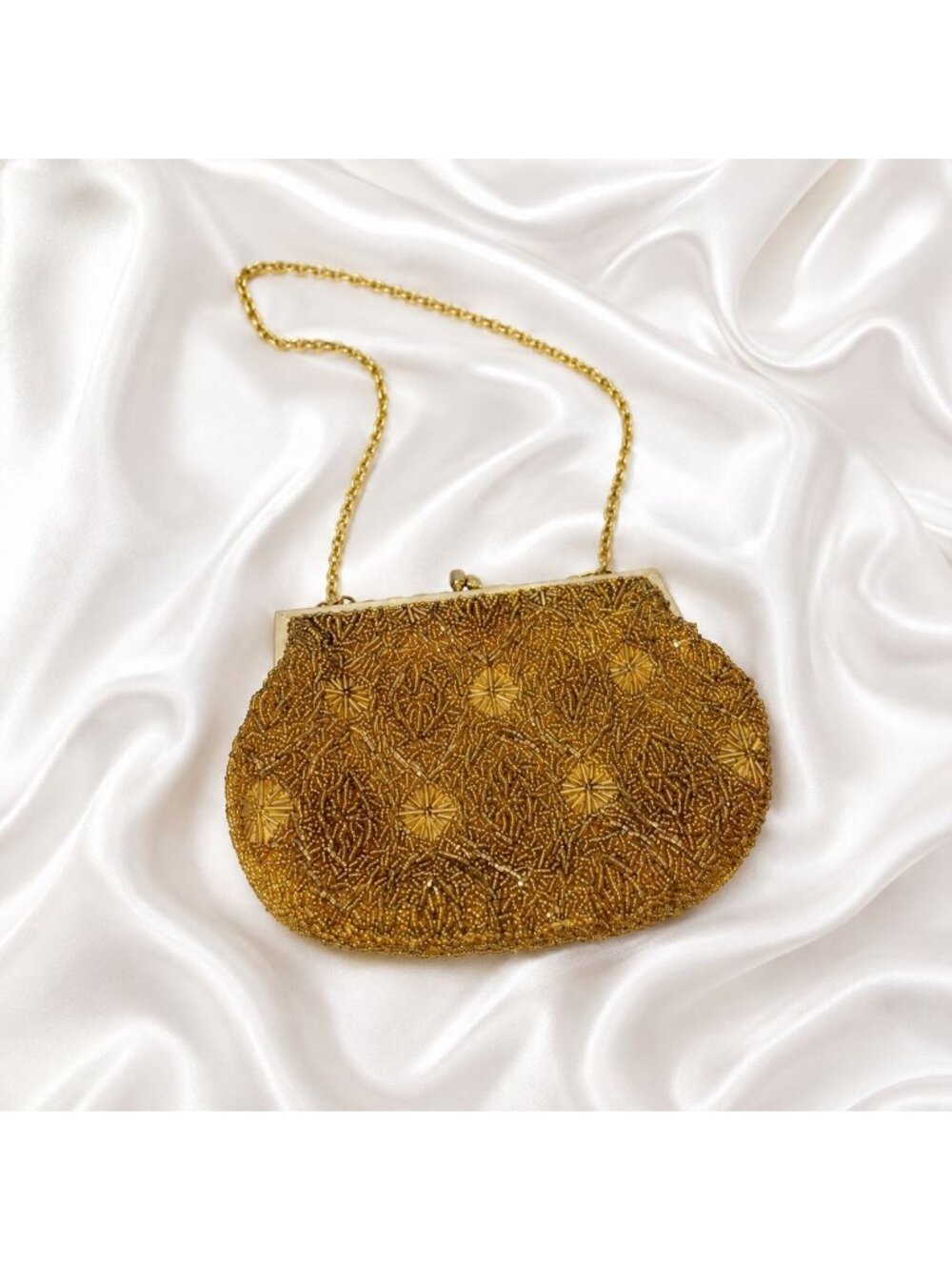 Vintage Gold Beaded Evening Bag Formal MCM Handcrafted Cocktail Purse 1950s Glam